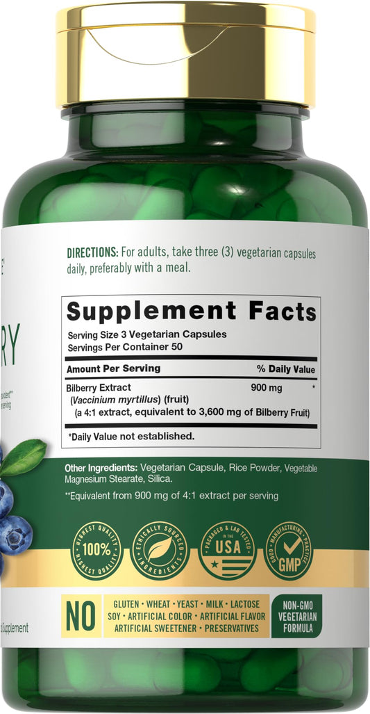 Carlyle Bilberry supplement packaging showing 3600 Milligrams equivalent dosage facts.