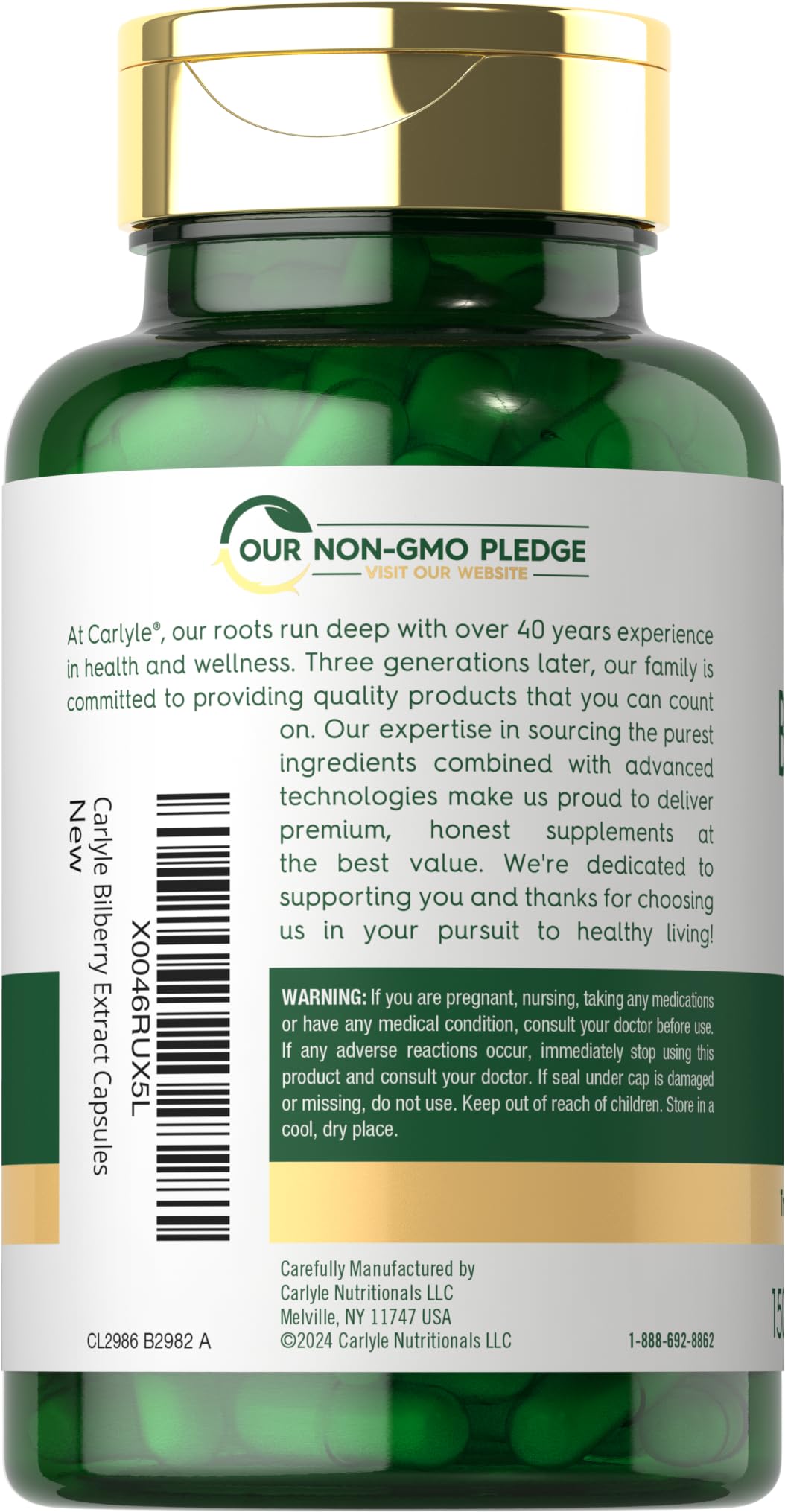 Authentic Carlyle imported eye care capsules ingredient list and non GMO label.