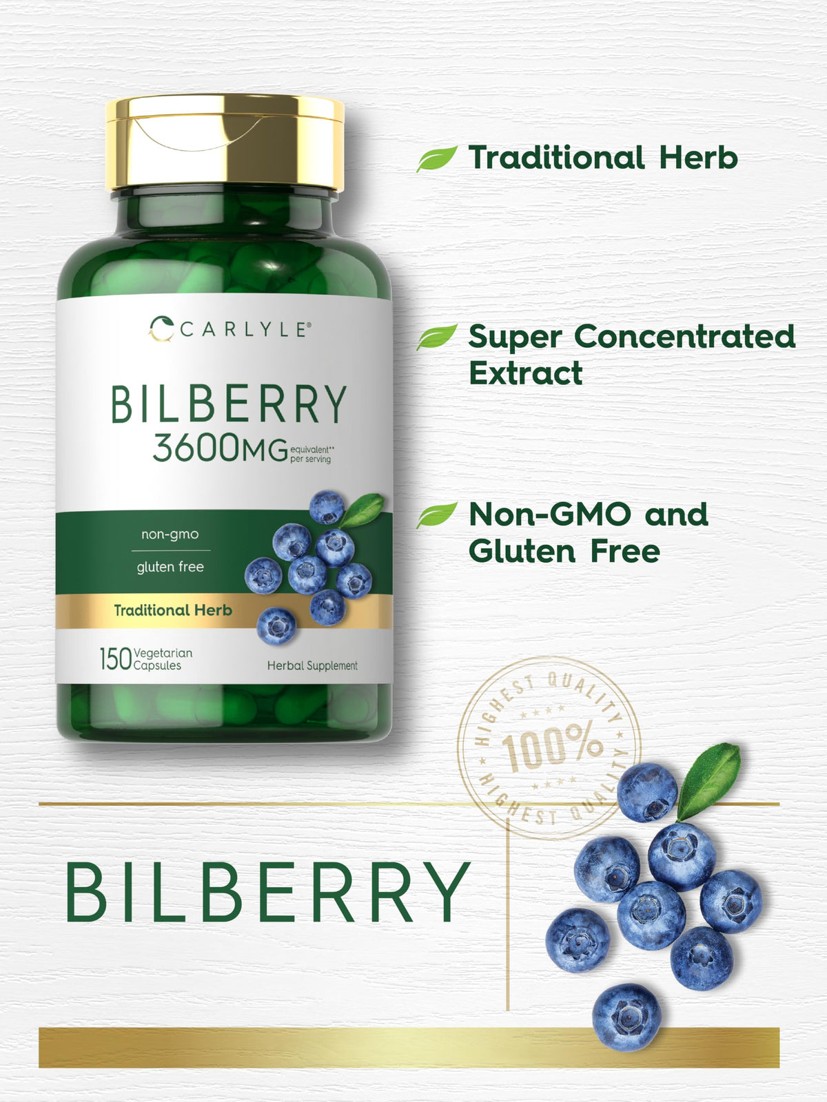 Carlyle Bilberry Extract gluten free vegetarian capsules close up shot.