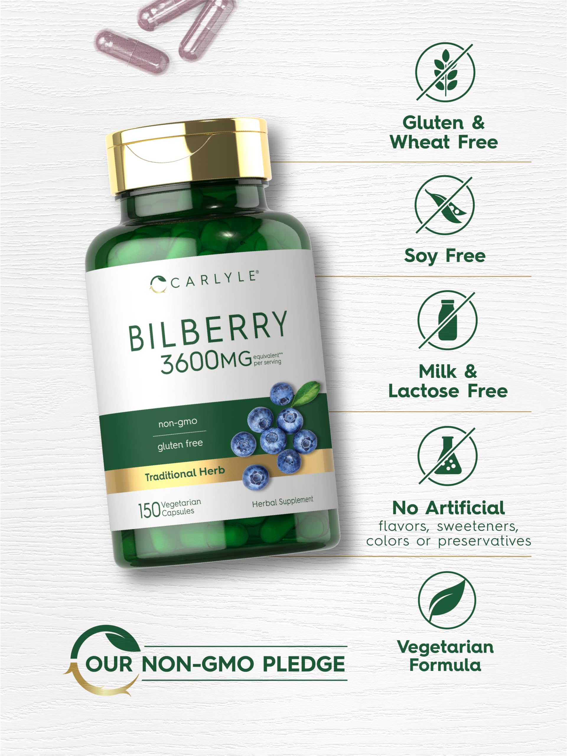 Side label of Carlyle Bilberry fruit extract showing clear usage directions.