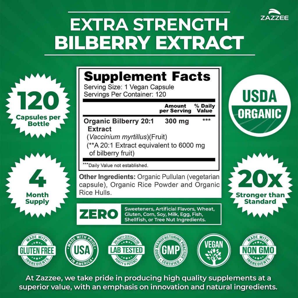 Zazzee extra strength bilberry supplement nutrition facts label