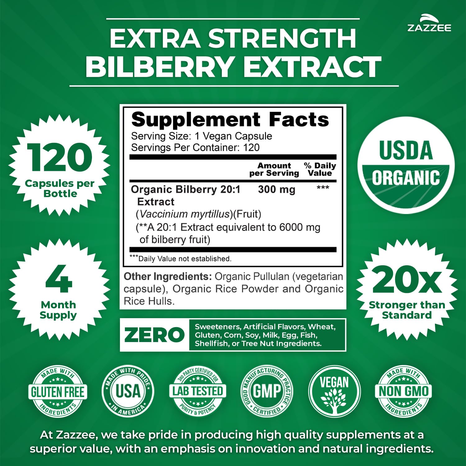 Zazzee extra strength bilberry supplement nutrition facts label