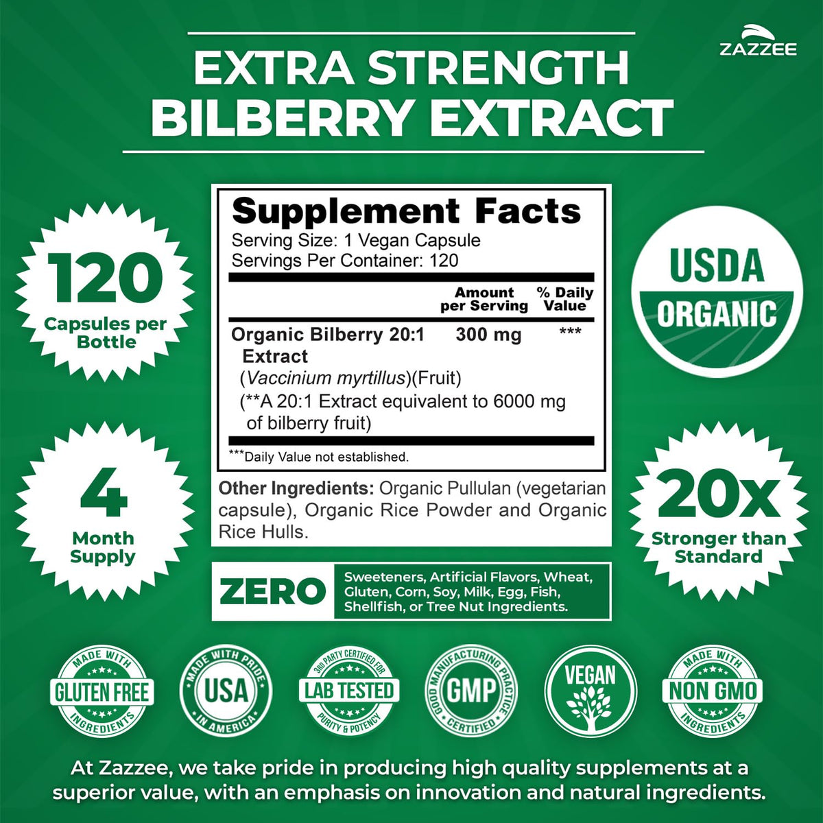 Zazzee extra strength bilberry supplement nutrition facts label