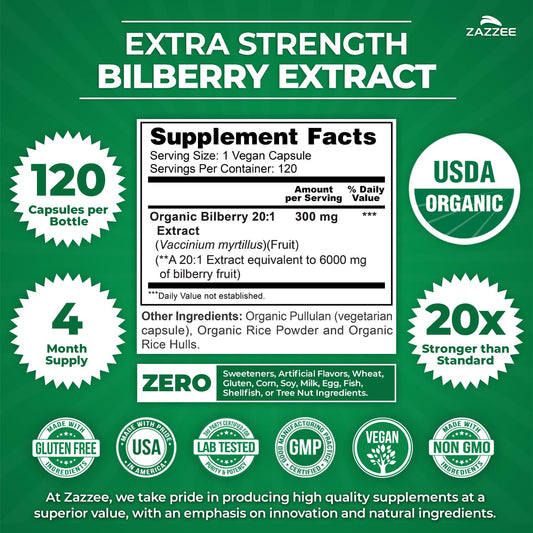Zazzee extra strength bilberry supplement nutrition facts label