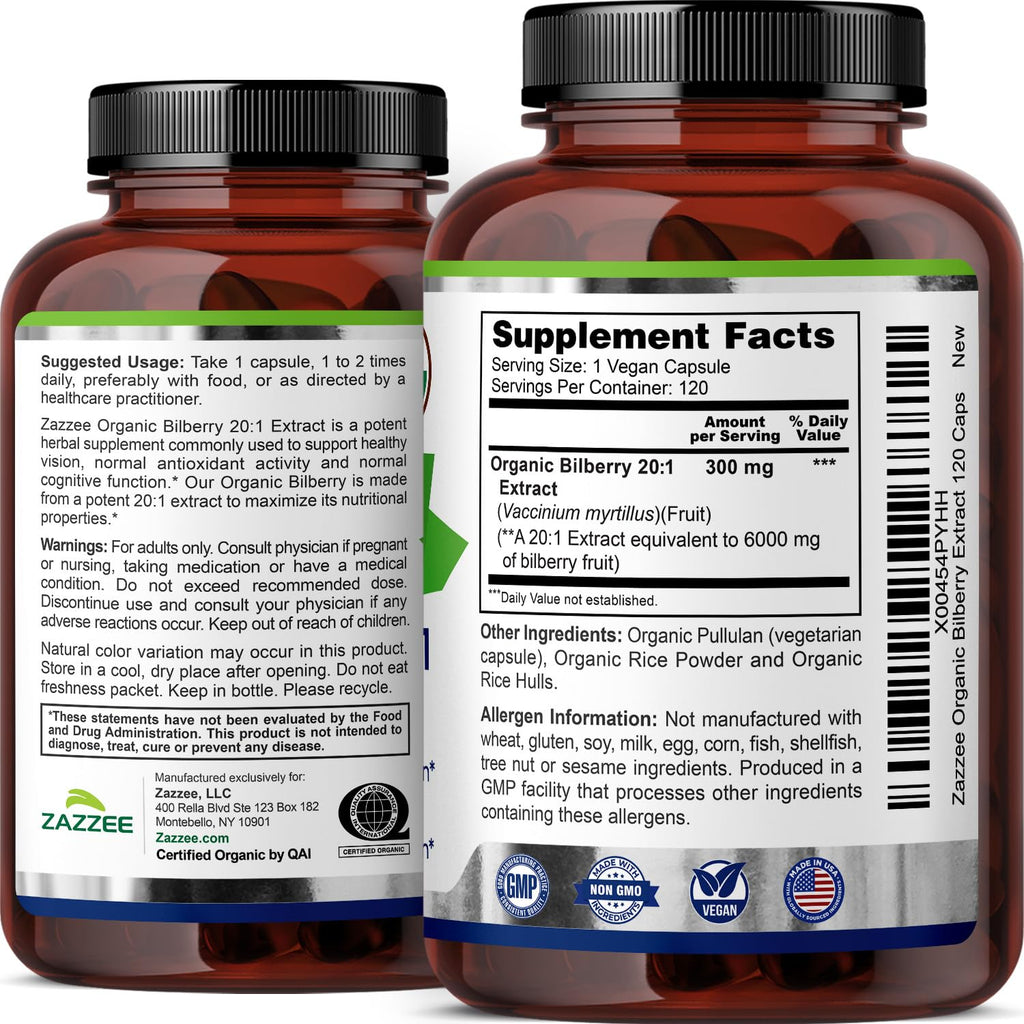 Zazzee organic four month supply bilberry pills packaging