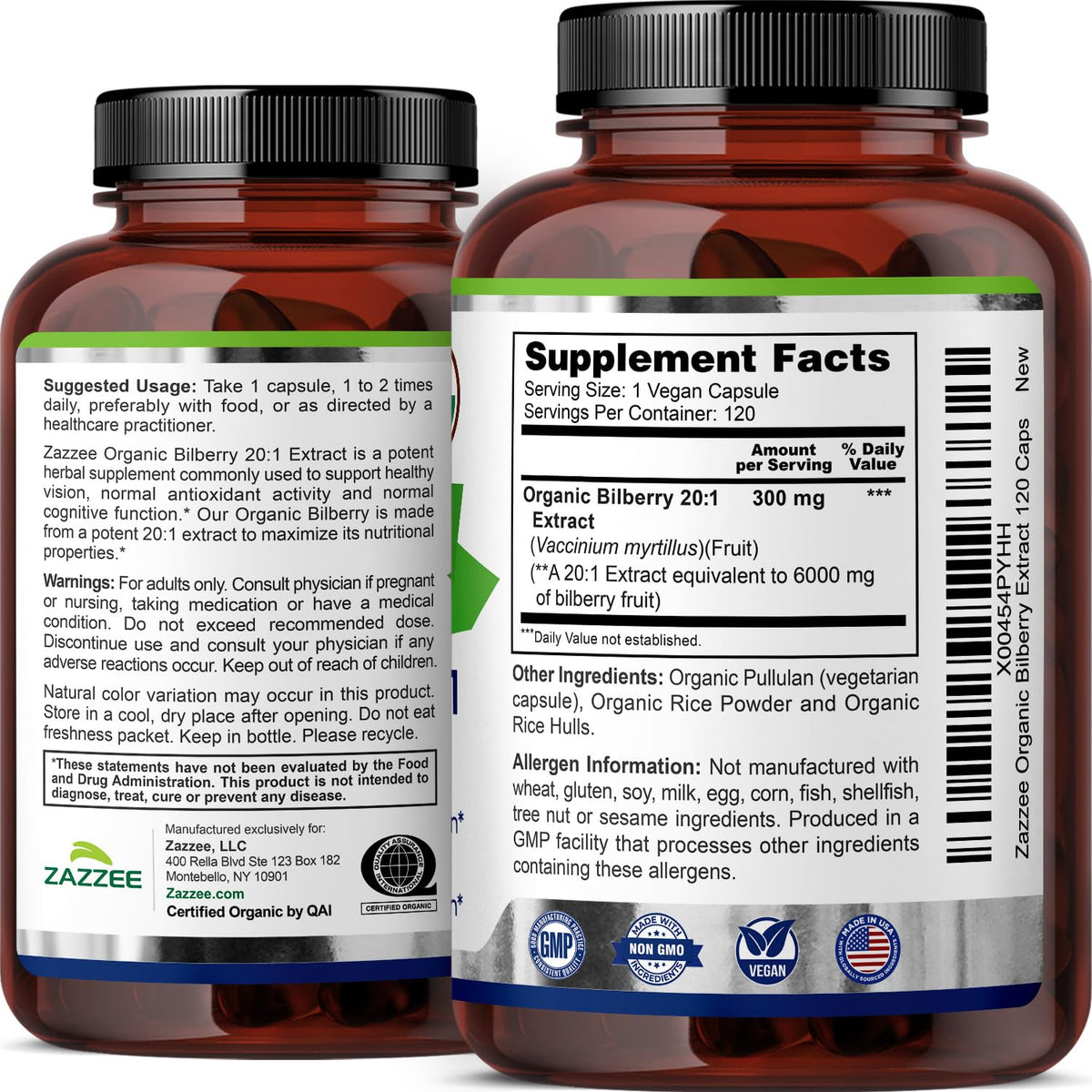 Zazzee organic four month supply bilberry pills packaging