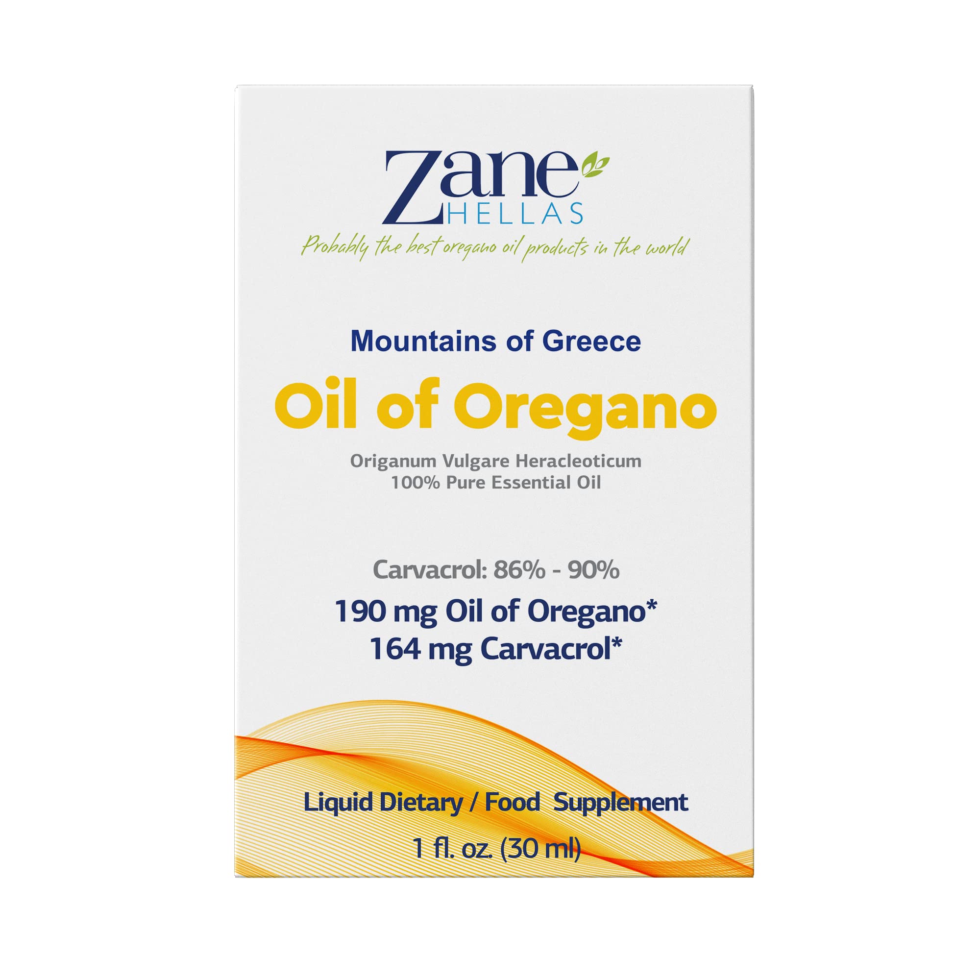 Zane Hellas pure oregano oil supplement packaging highlighting 86 percent minimum carvacrol content.