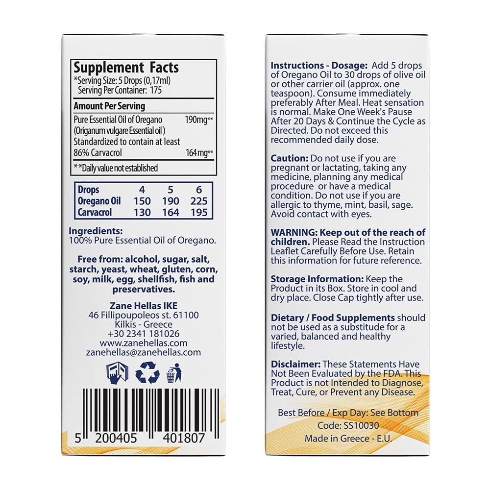 Side view of Zane Hellas liquid oregano drops showing product instructions and serving facts.