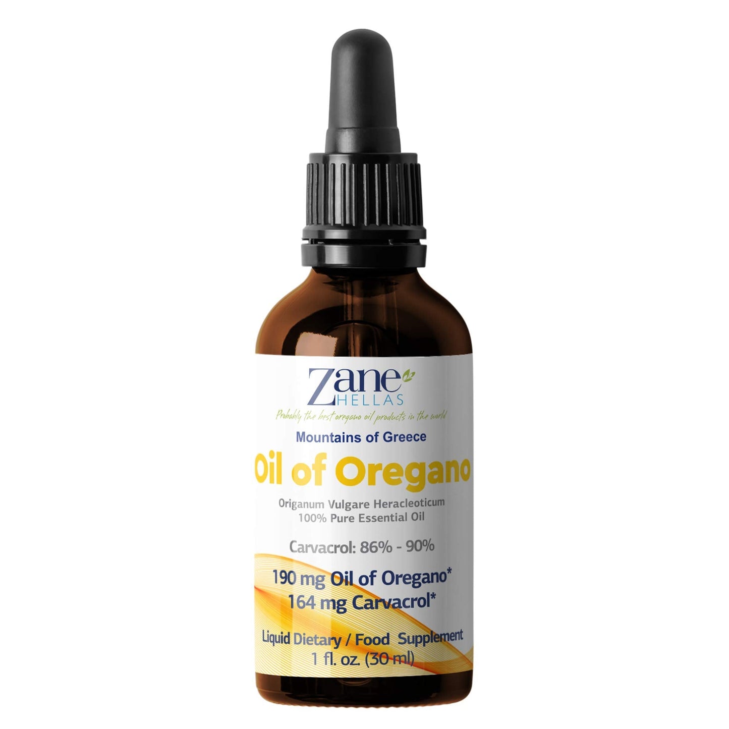 Premium glass bottle of Zane Hellas 190 mg oregano oil imported supplement.
