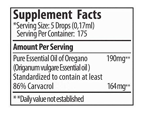 Close up of the supplement facts label on Zane Hellas 100 percent pure oregano oil.