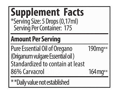 Close up of the supplement facts label on Zane Hellas 100 percent pure oregano oil.