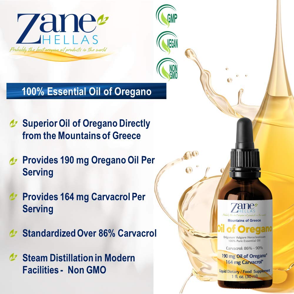 Zane Hellas Greek oregano oil bottle demonstrating the liquid drop format.