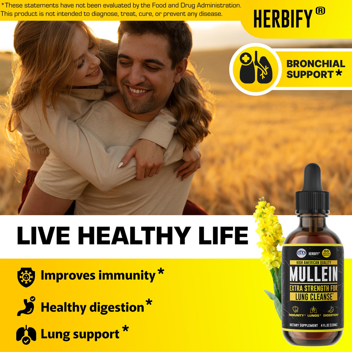 Side view of Herbify Mullein liquid supplement bottle showing usage instructions.