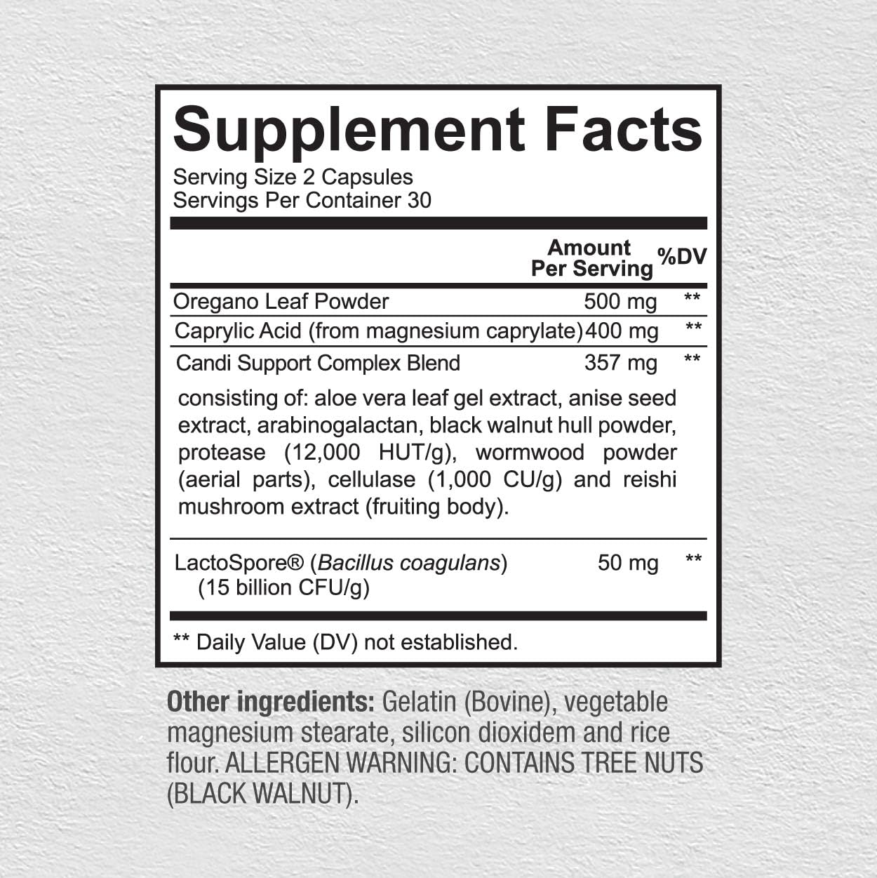 Sunergetic Candi Support dietary supplement nutritional facts label showing caprylic acid and oregano