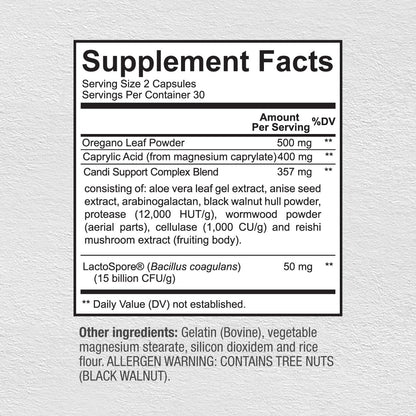 Sunergetic Candi Support dietary supplement nutritional facts label showing caprylic acid and oregano