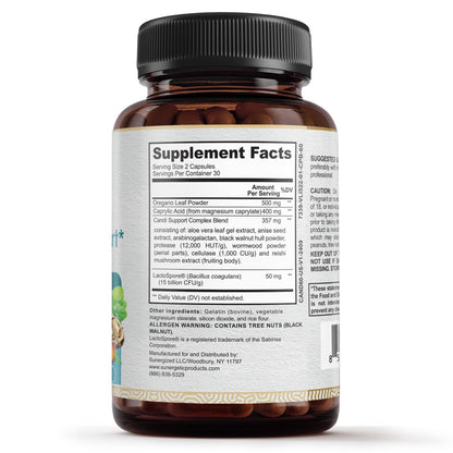Sunergetic 60 count dietary capsules container showcasing herbal cleansing ingredients