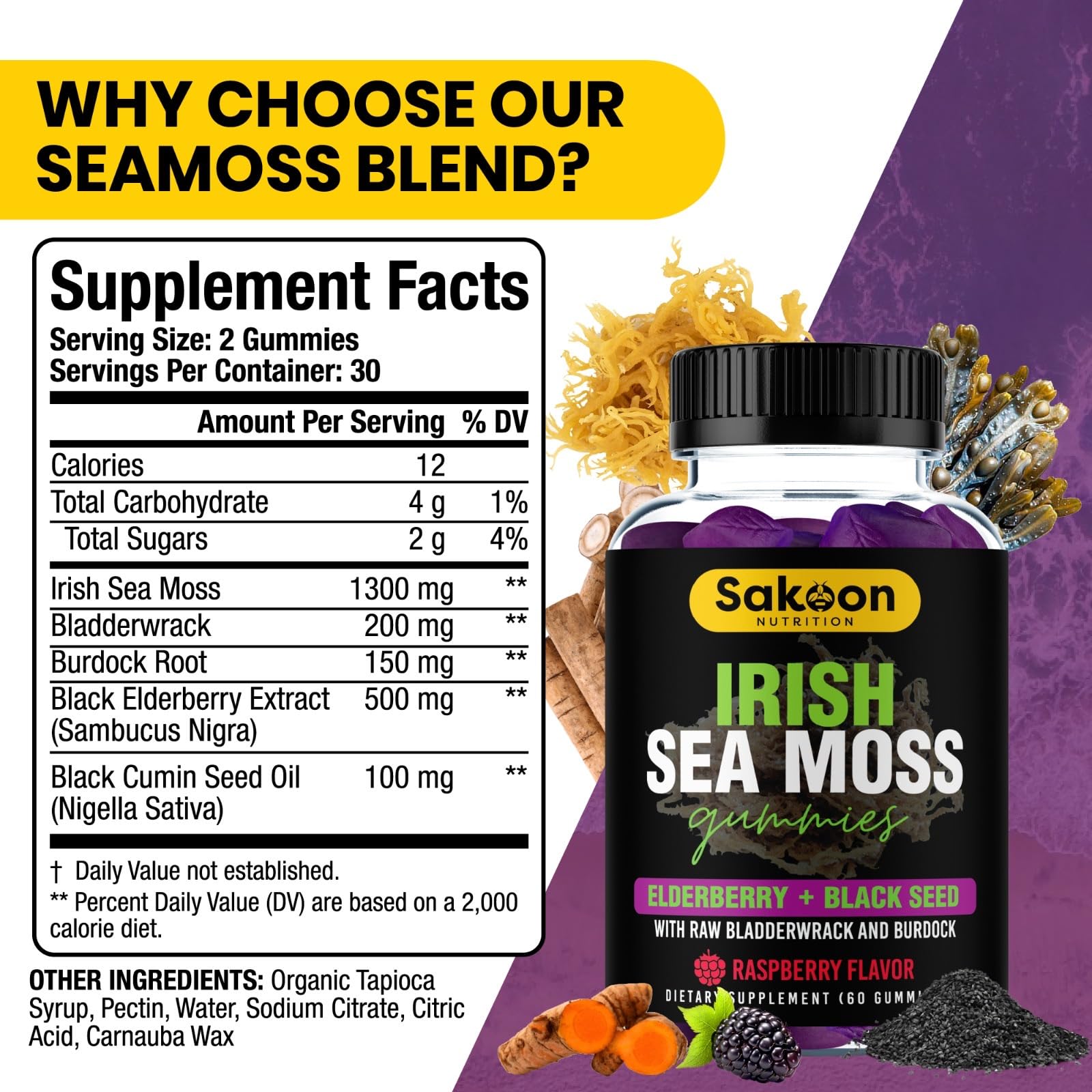 Back label of Sakoon Nutrition elderberry and black seed oil gummy vitamins