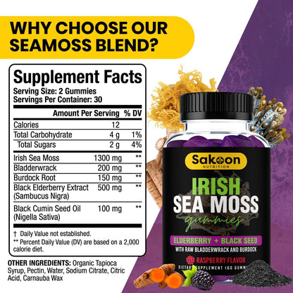 Back label of Sakoon Nutrition elderberry and black seed oil gummy vitamins