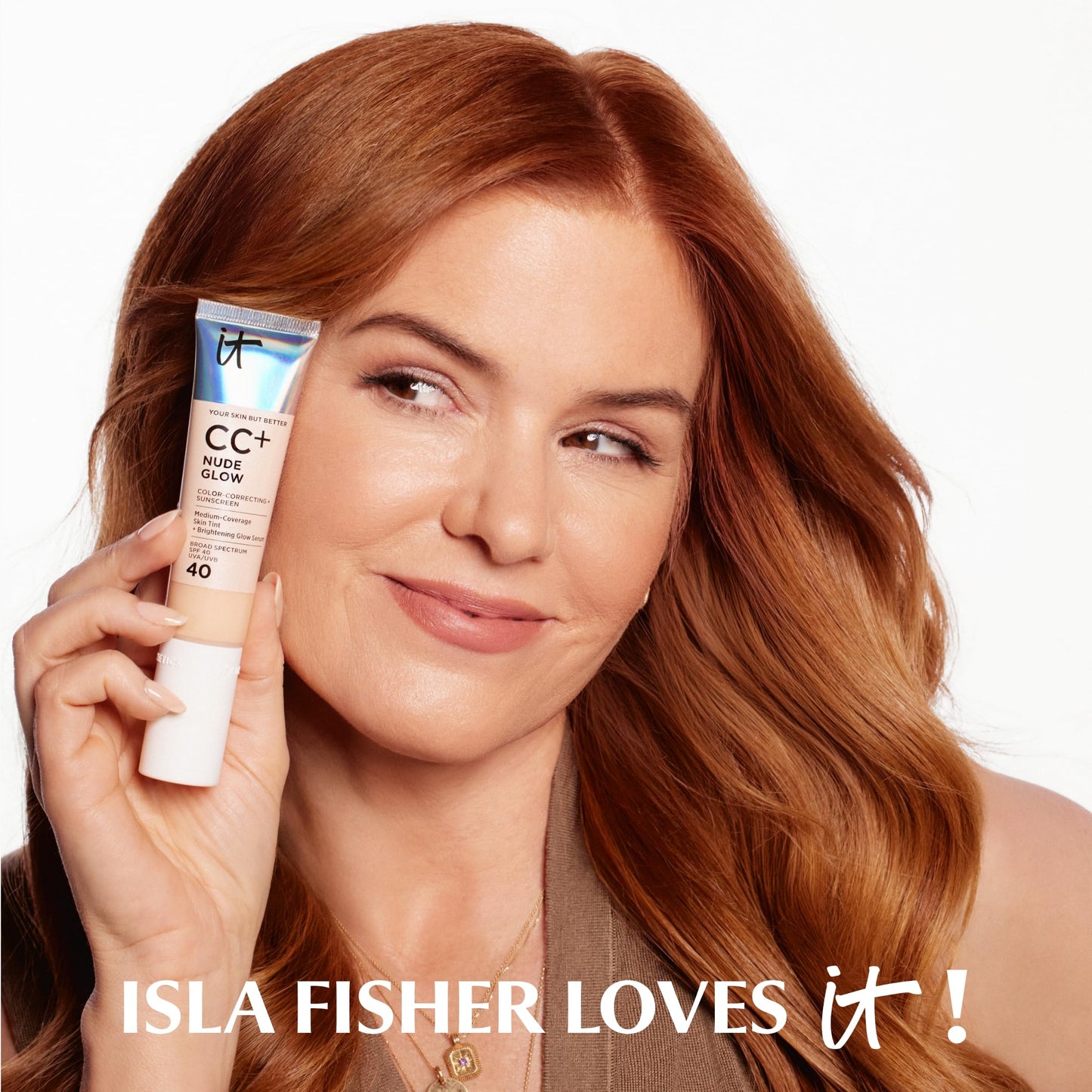 Model showing radiant skin finish with It Cosmetics CC+ Nude Glow