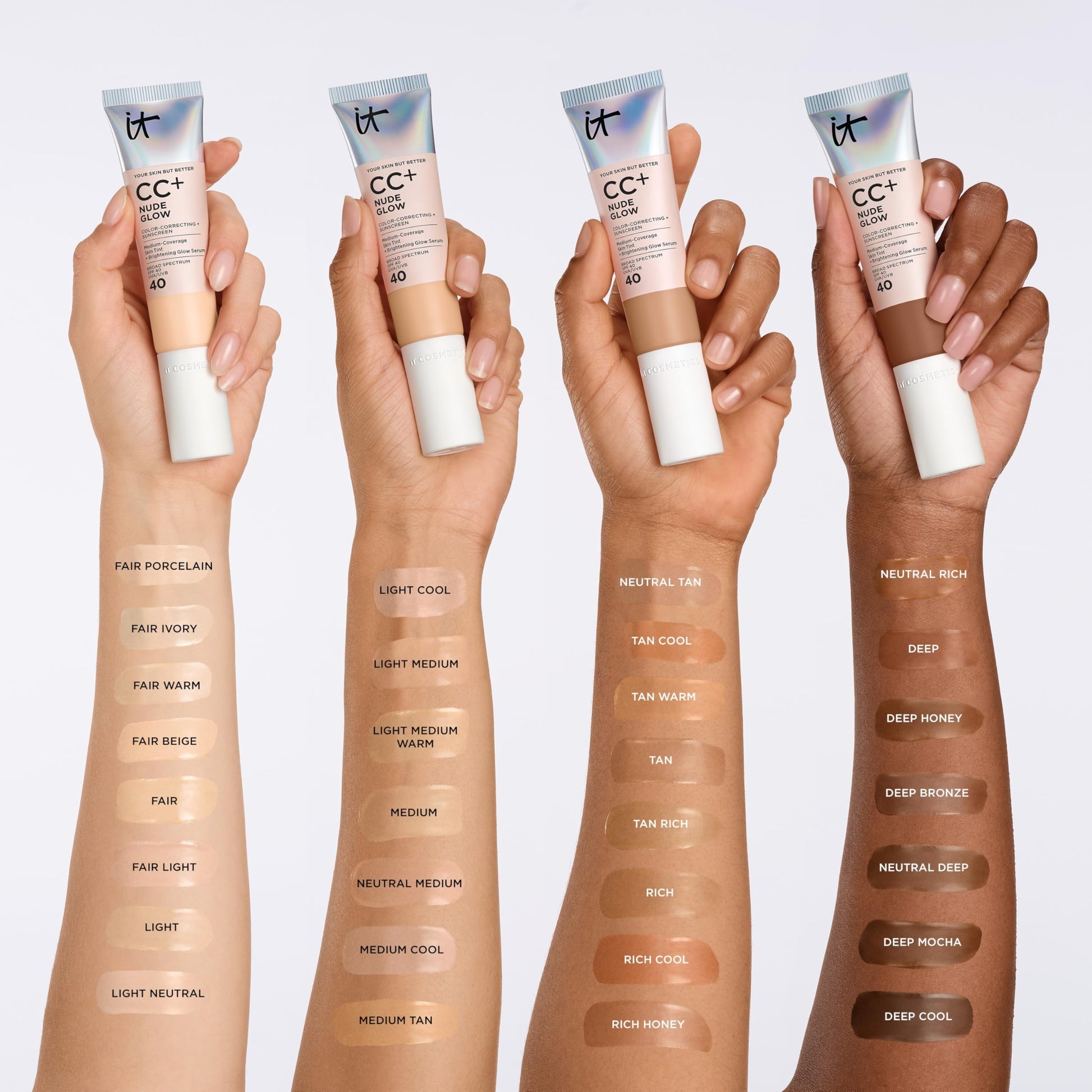 Swatch demonstration of It Cosmetics CC+ Nude Glow foundation