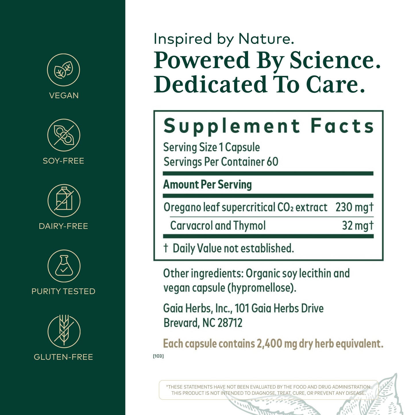 Side view of Gaia Herbs Pro Oil Of Oregano bottle detailing supplement facts and carvacrol content