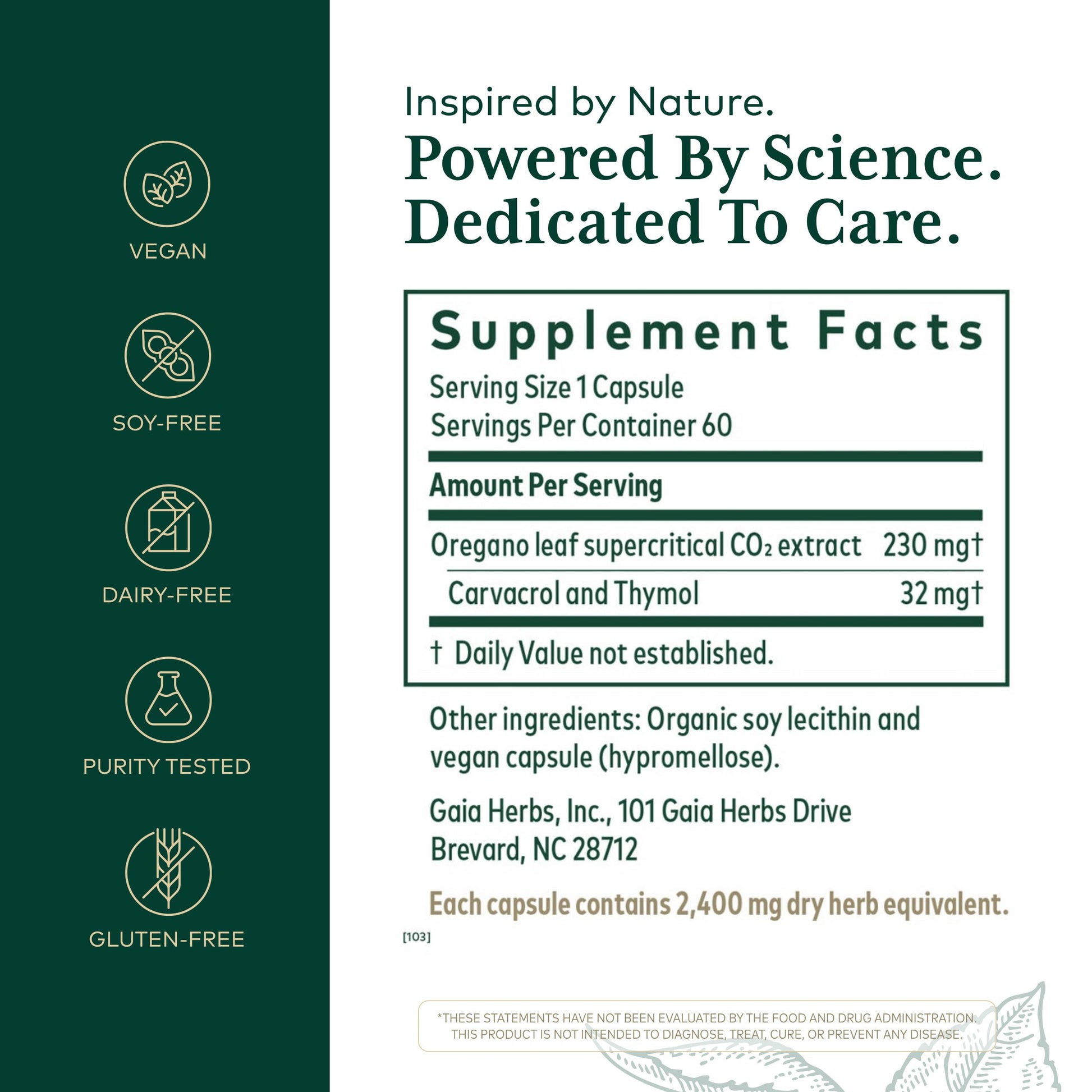 Side view of Gaia Herbs Pro Oil Of Oregano bottle detailing supplement facts and carvacrol content