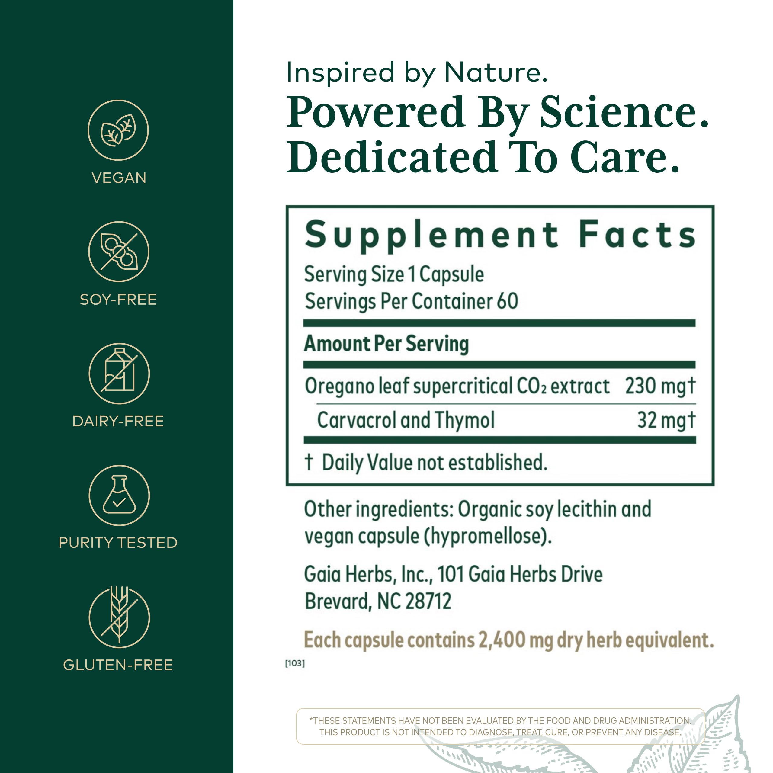 Side view of Gaia Herbs Pro Oil Of Oregano bottle detailing supplement facts and carvacrol content