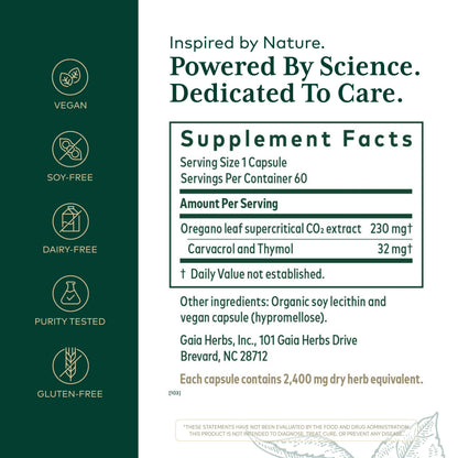 Side view of Gaia Herbs Pro Oil Of Oregano bottle detailing supplement facts and carvacrol content