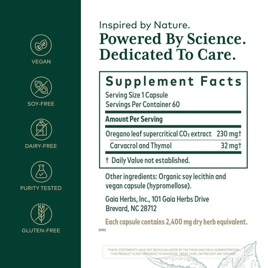 Side view of Gaia Herbs Pro Oil Of Oregano bottle detailing supplement facts and carvacrol content