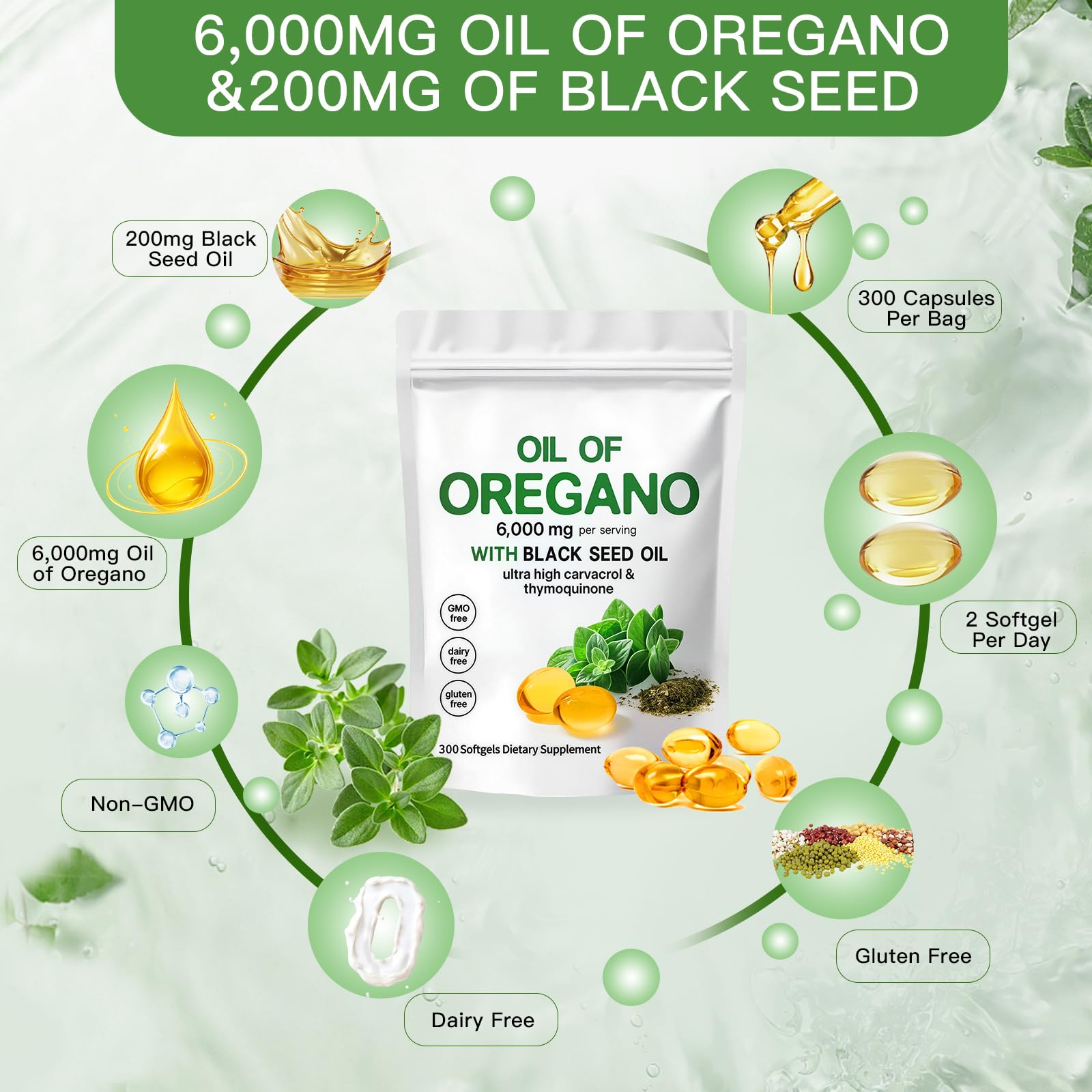 Nutritional information label on the back of Zeyaruibo organic oil of oregano capsule supplement packaging