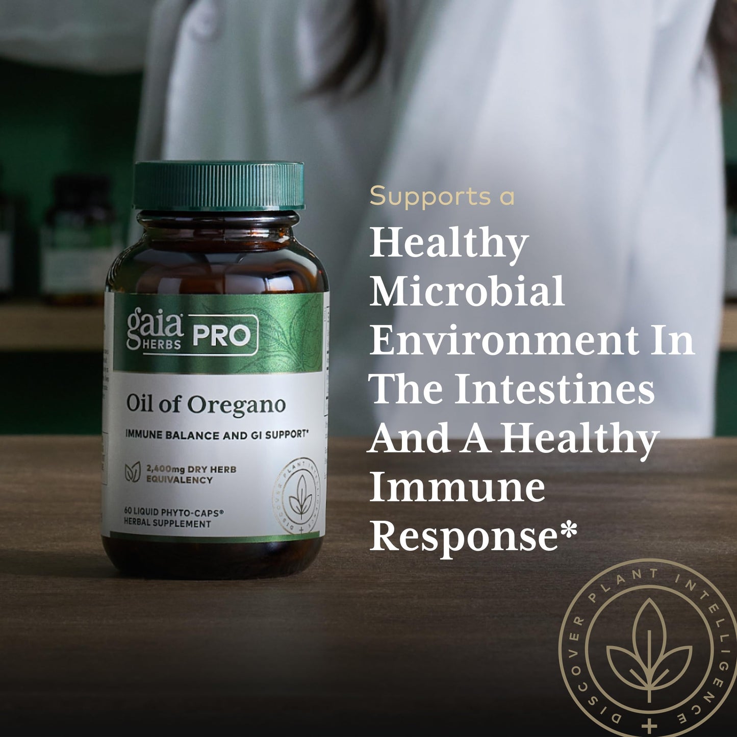 Premium imported packaging of Gaia Herbs Pro Oregano supplement showing safety seal and product batch