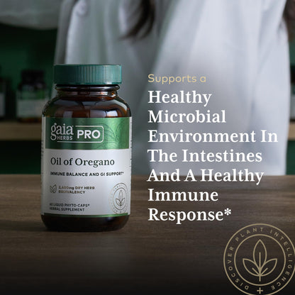 Premium imported packaging of Gaia Herbs Pro Oregano supplement showing safety seal and product batch