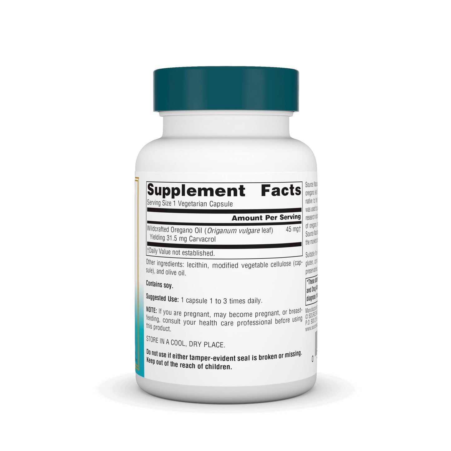 Source Naturals dietary supplement bottle showing standardized seventy percent carvacrol facts label