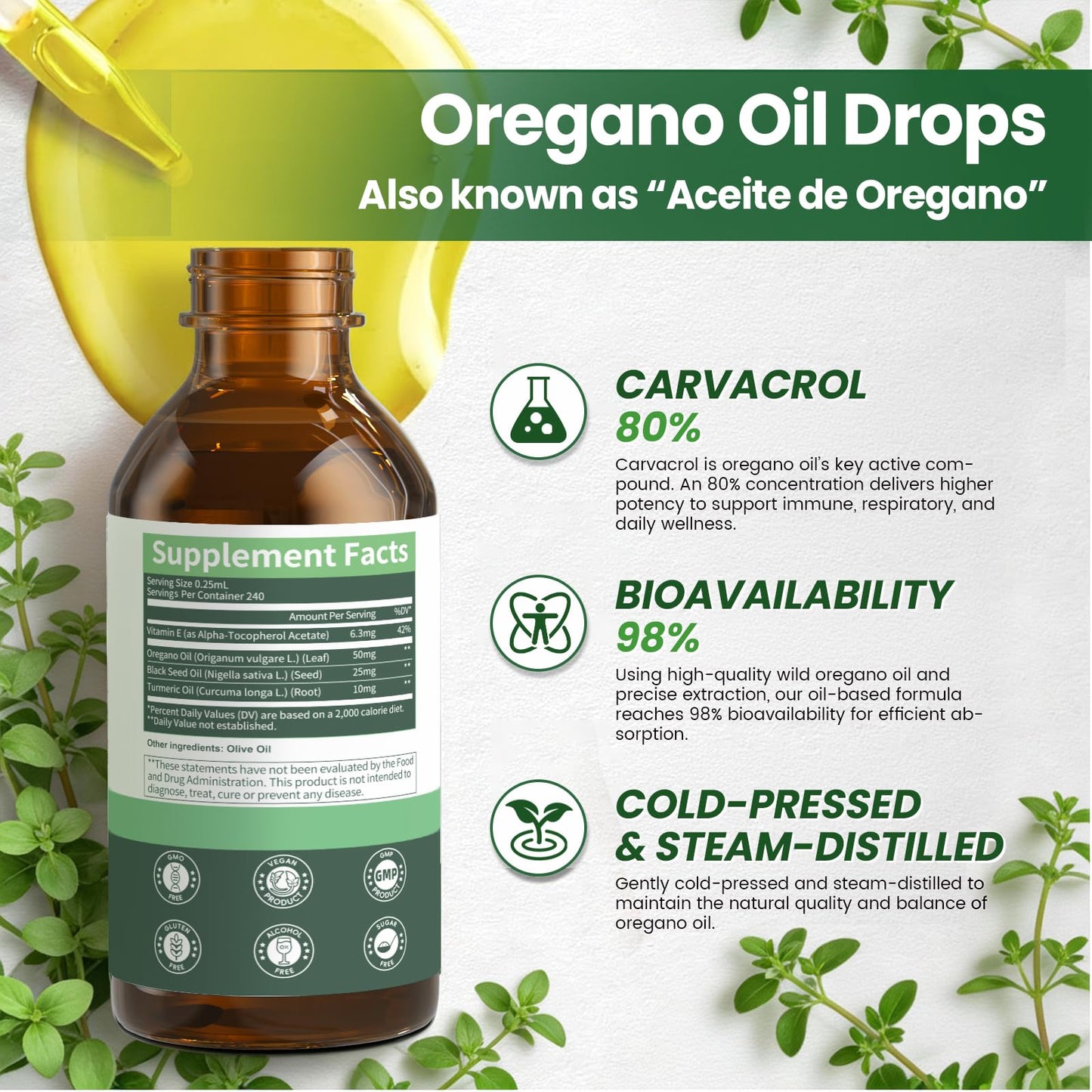 Back label of oregano and black seed liquid supplement highlighting serving instructions