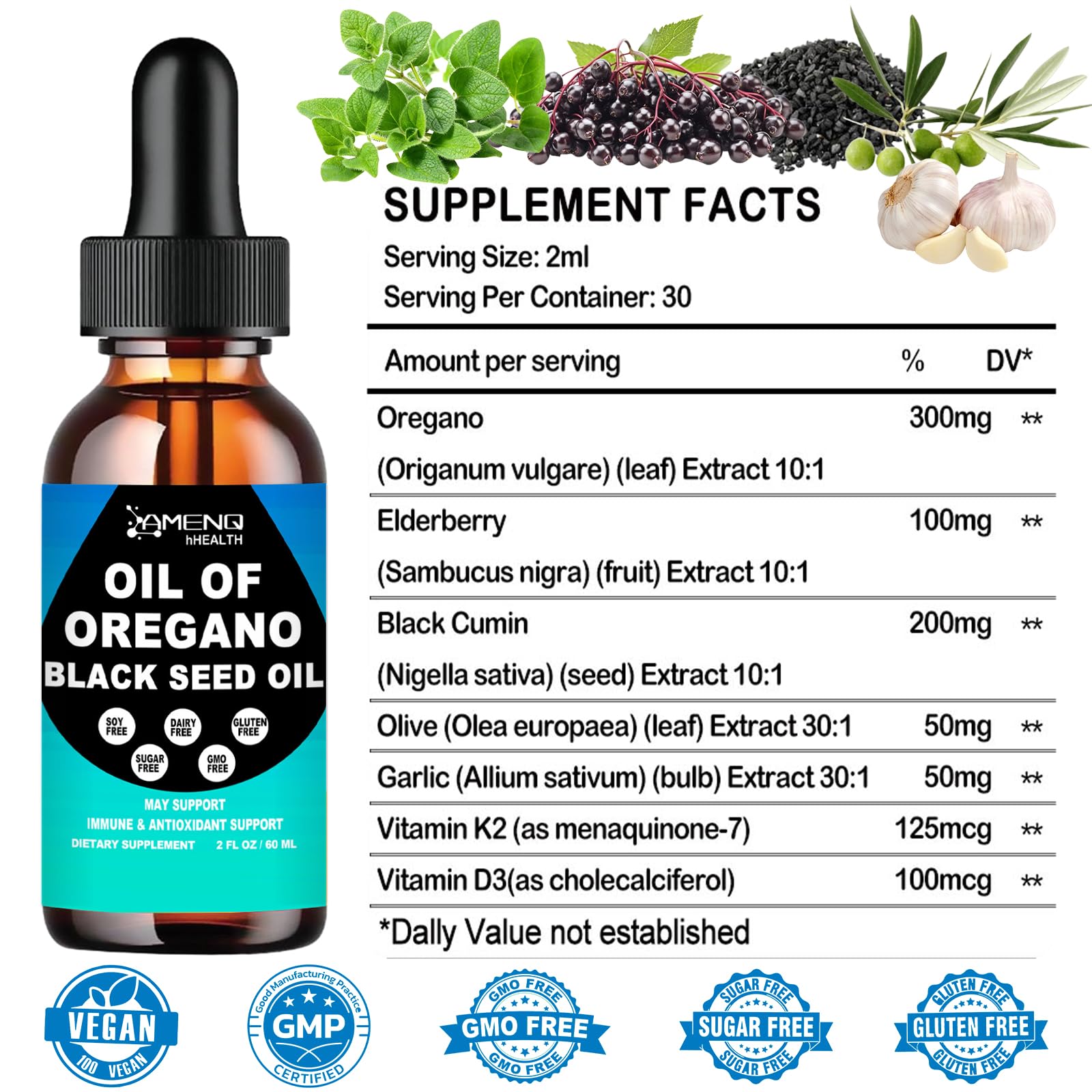 Amenq Health 300mg liquid dietary supplement showing the precise dropper applicator cap