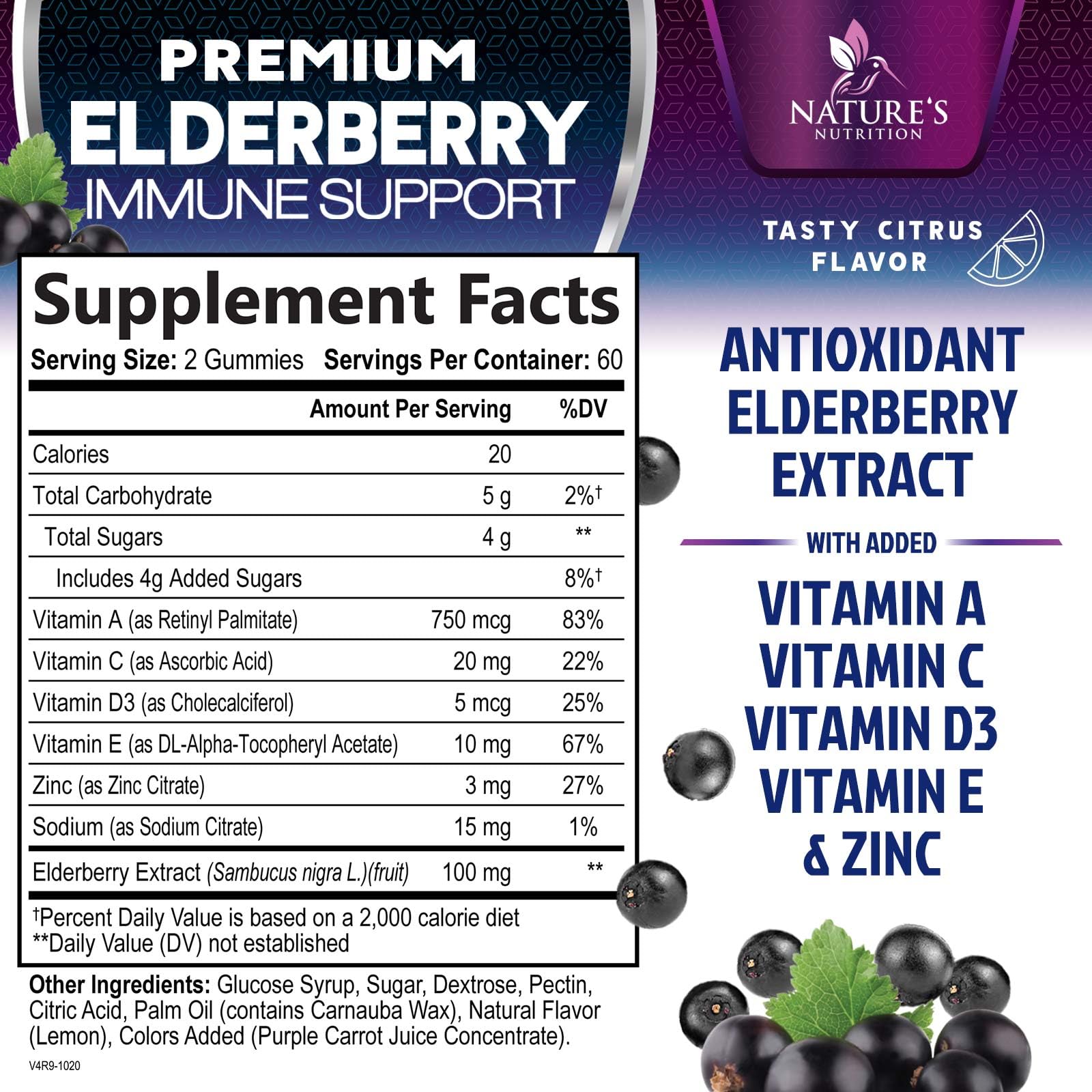 Nature's Nutrition 3X Strength Sambucus Elderberry Gummy supplement label detailing Vitamin C D3 and Zinc facts