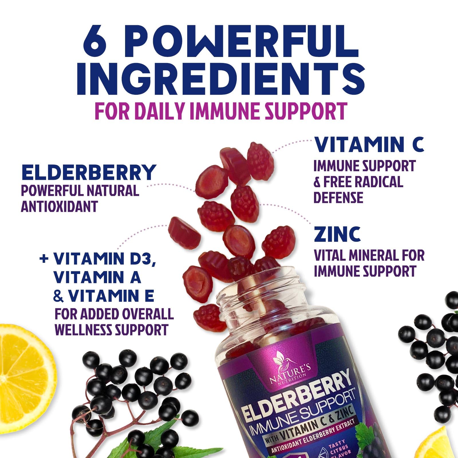 Black elderberry antioxidant gummies from Nature's Nutrition showing gelatin-free pectin chewables close-up
