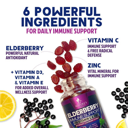 Black elderberry antioxidant gummies from Nature's Nutrition showing gelatin-free pectin chewables close-up