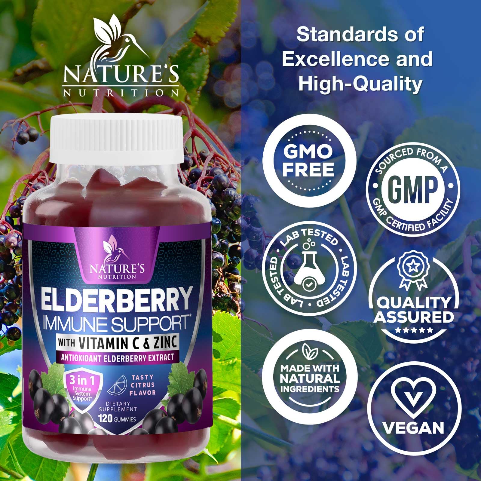 Nature's Nutrition 120 count elderberry daily wellness bottle displaying the non-GMO and gluten-free seals