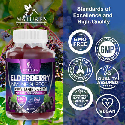 Nature's Nutrition 120 count elderberry daily wellness bottle displaying the non-GMO and gluten-free seals