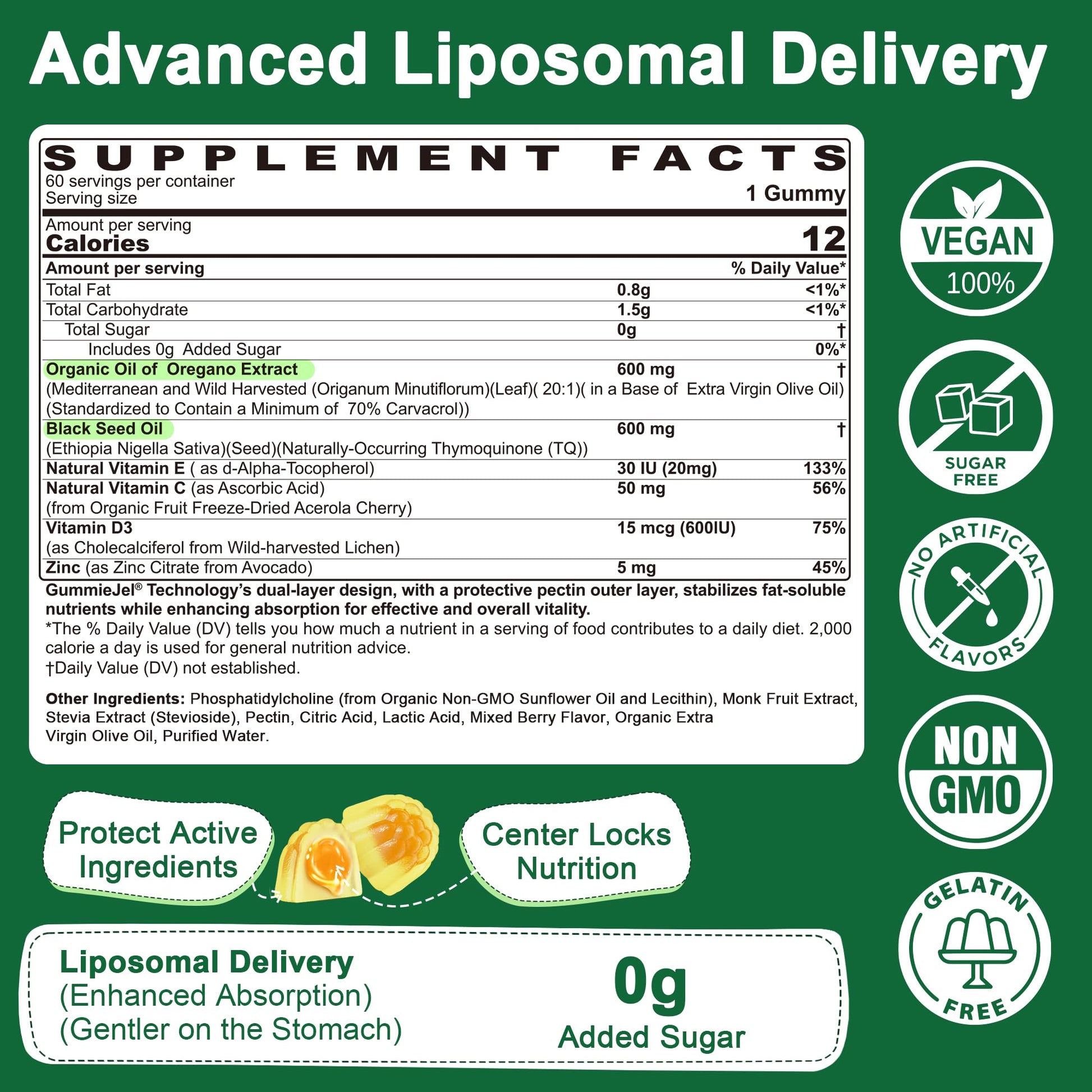 Lilicare sugar free liquid filled oregano gummies with vitamin d3 nutritional facts panel