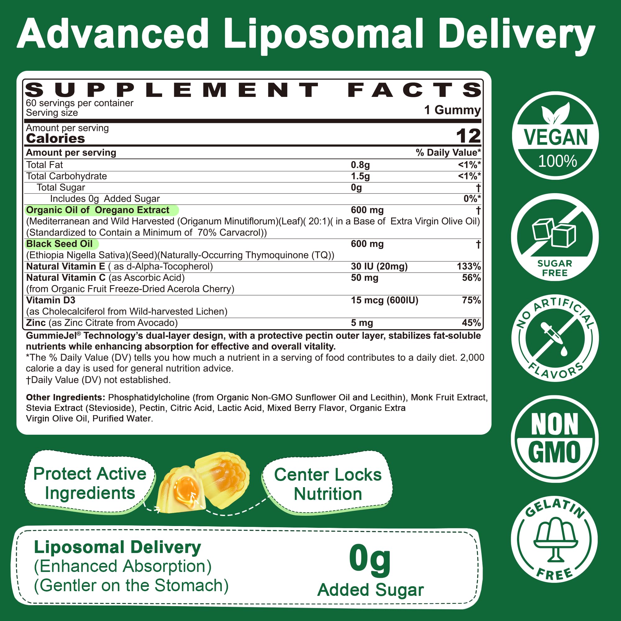 Lilicare sugar free liquid filled oregano gummies with vitamin d3 nutritional facts panel