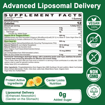 Lilicare sugar free liquid filled oregano gummies with vitamin d3 nutritional facts panel