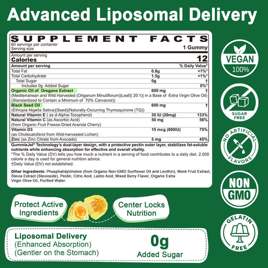 Lilicare sugar free liquid filled oregano gummies with vitamin d3 nutritional facts panel