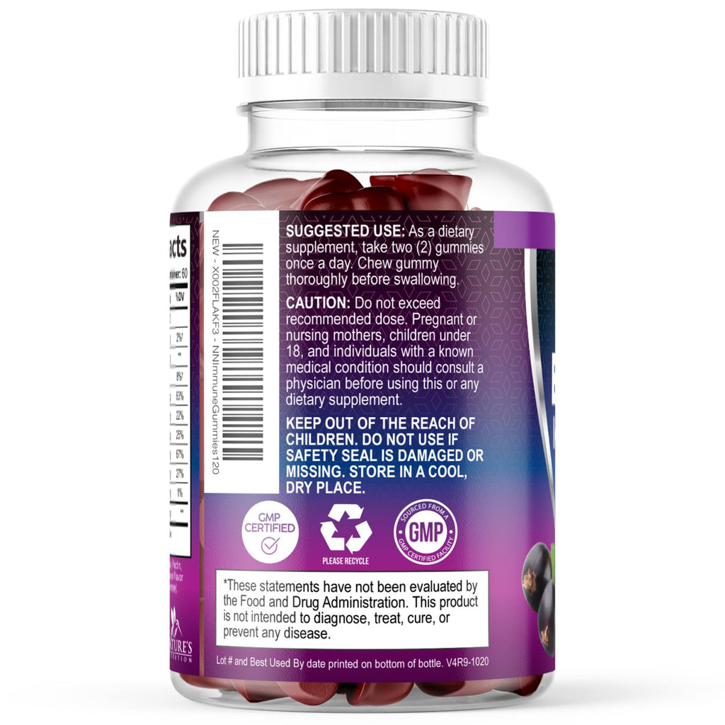 Authentic USA-imported Nature's Nutrition elderberry immune defense gummies packaging details and instructions