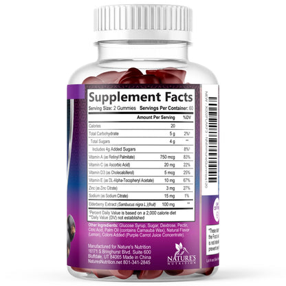 Nature's Nutrition triple action black elderberry 120 gummies supplement bottle showcasing high potency 35 to 1 extract