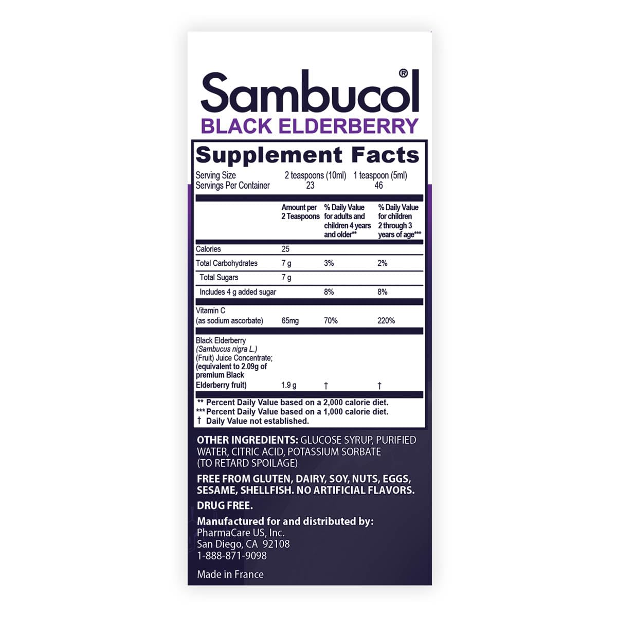 Sambucol immune support syrup packaging details