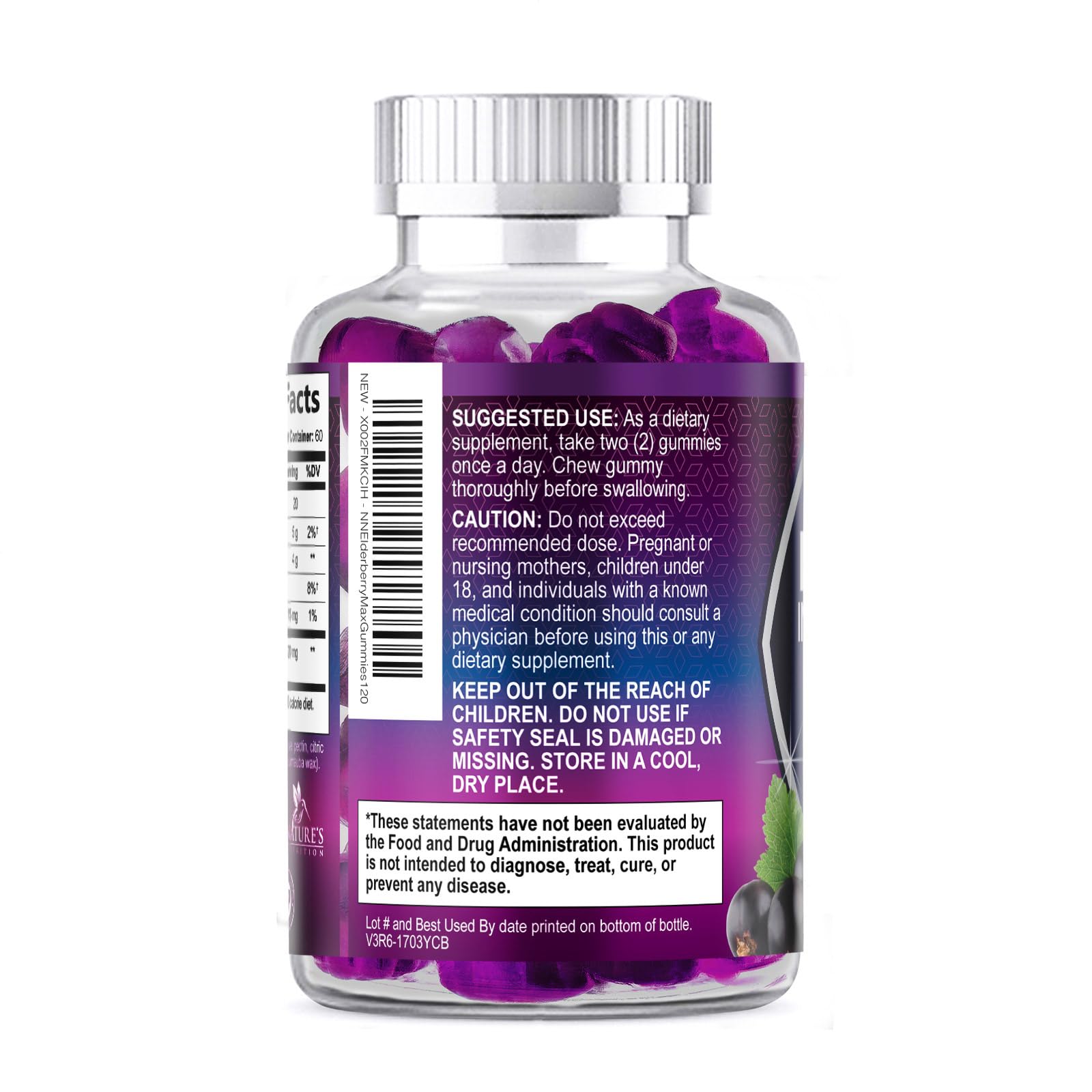 Nature's Nutrition Sambucus nigra supplement bottle showing the raspberry flavor text.