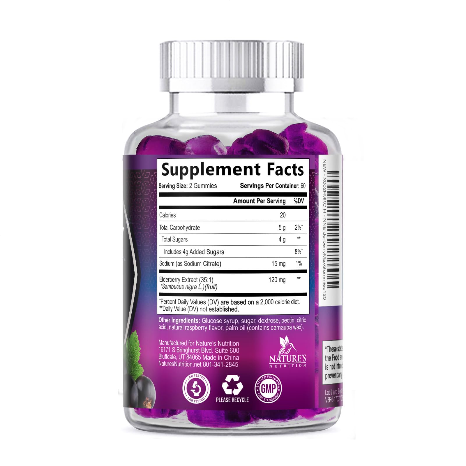 Back label of black elderberry extract gummies illustrating the nutritional facts panel.