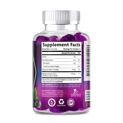 Back label of black elderberry extract gummies illustrating the nutritional facts panel.